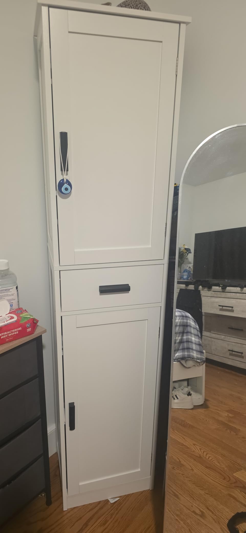 usikey 67'' Tall Bathroom Cabinet, Storage Cabinet with 4 Shelves & 2 Doors, Narrow Storage Cabinets for Bathroom, Living Room, Home Office, White customer photo 1