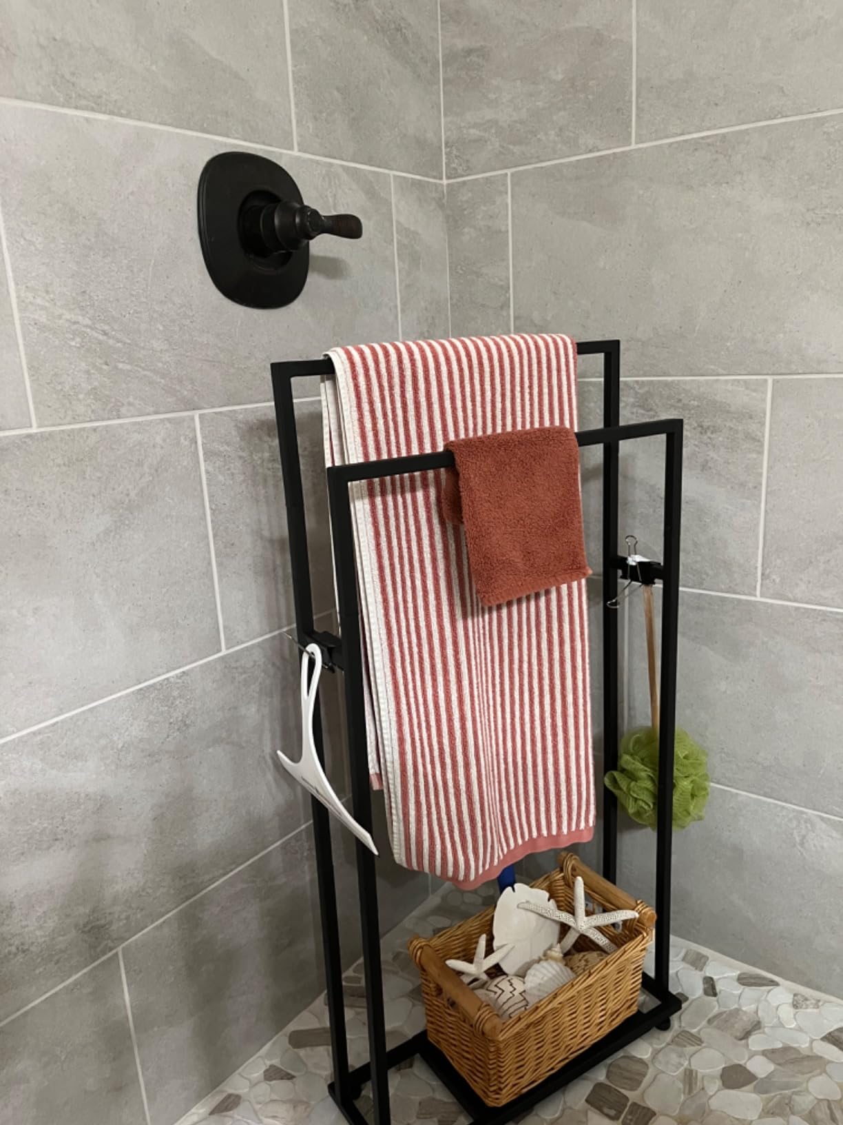 39-Inch Tall Towel Rack for Bathroom, 2-Tier Freestanding Towel Stand with Storage Shelf for Oversized Bath Towels, Poolside, Black, ALHAKIN customer photo 2