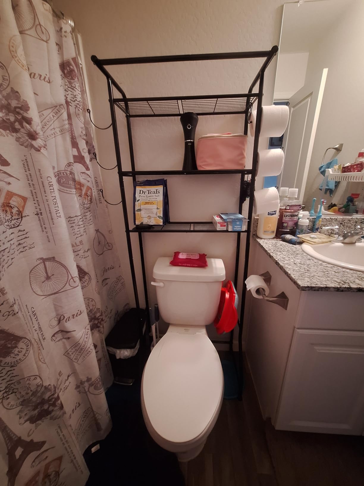 Simple Trending Over The Toilet Storage Cabinet, Metal Bathroom Shelf Organizer with Paper Holder and Hooks, 3 Tier, Black customer photo 1