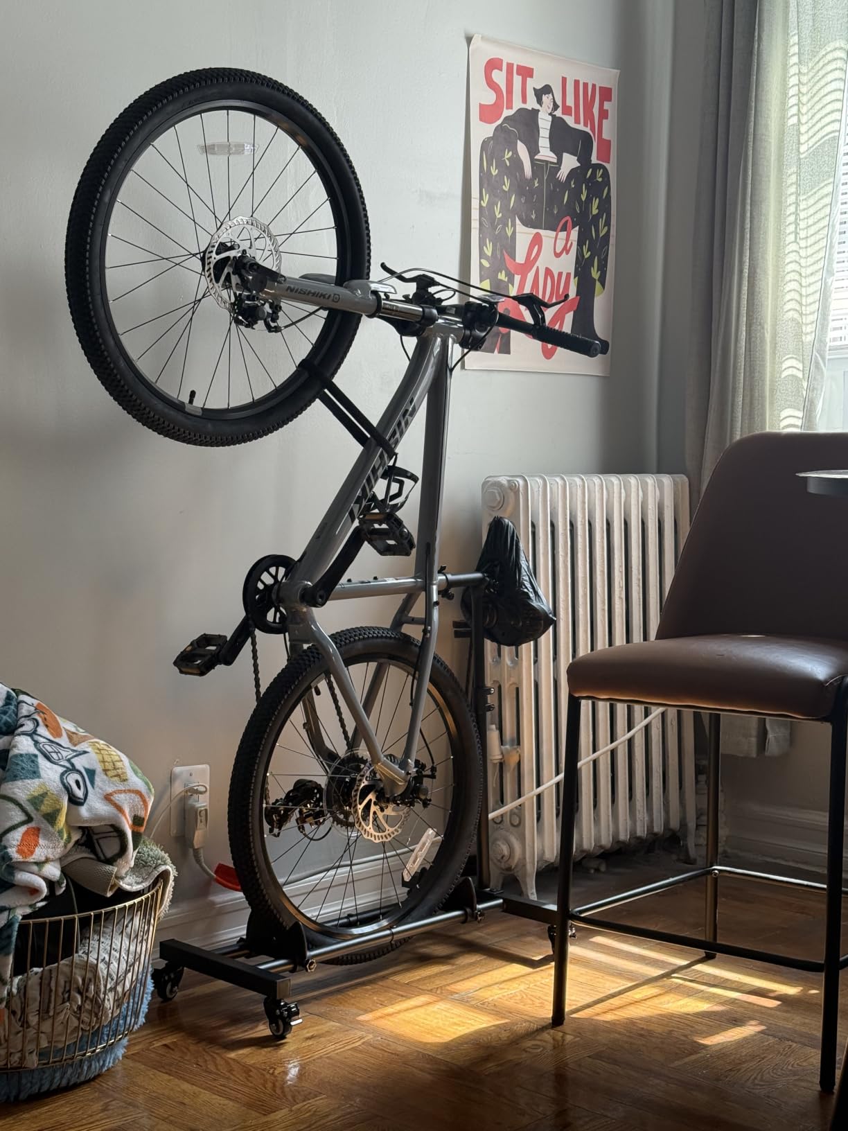 Vertical Bike Stand, Freestanding Bike Rack for Garage Storage, Upright Bicycle Floor Stand with Adjustable Height and 360° Rolling Wheels, Space Saving Indoor Bike Holder for 24