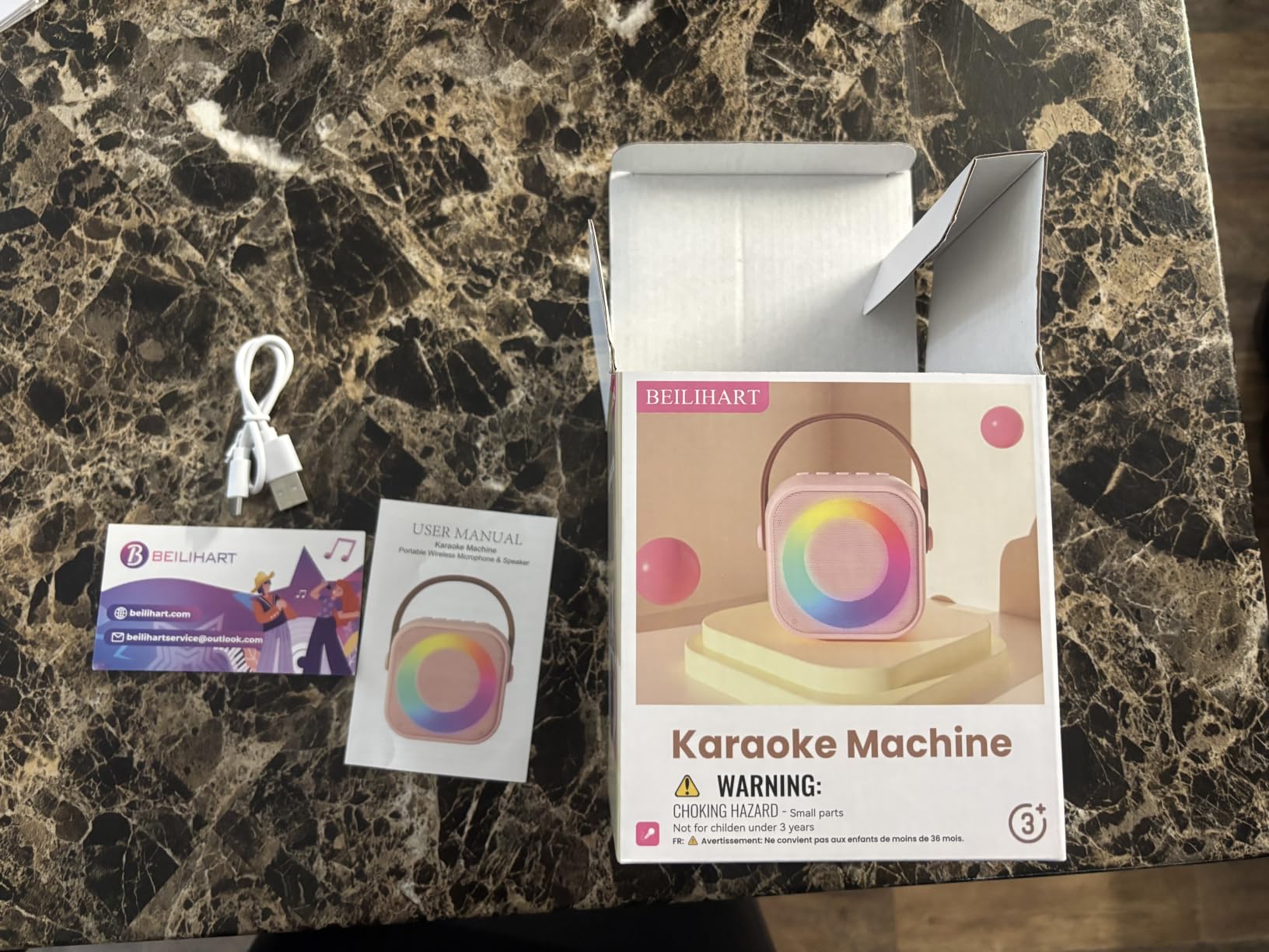 Mini Karaoke Machine,Portable Bluetooth Speaker with 2 Wireless Microphones | 360° Surround Sound,5 Voice Effects,Bluetooth 5.0,LED Lights, TF/USB/AUX, For Kids and Adults, Family Home Party and Gifts customer photo 1