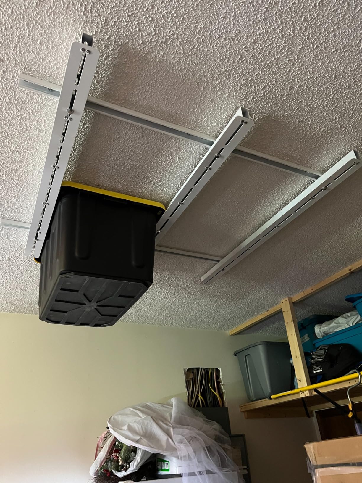 TORACK Garage Ceiling Bin Storage Rack, Overhead Tote Storage Rails System customer photo 1