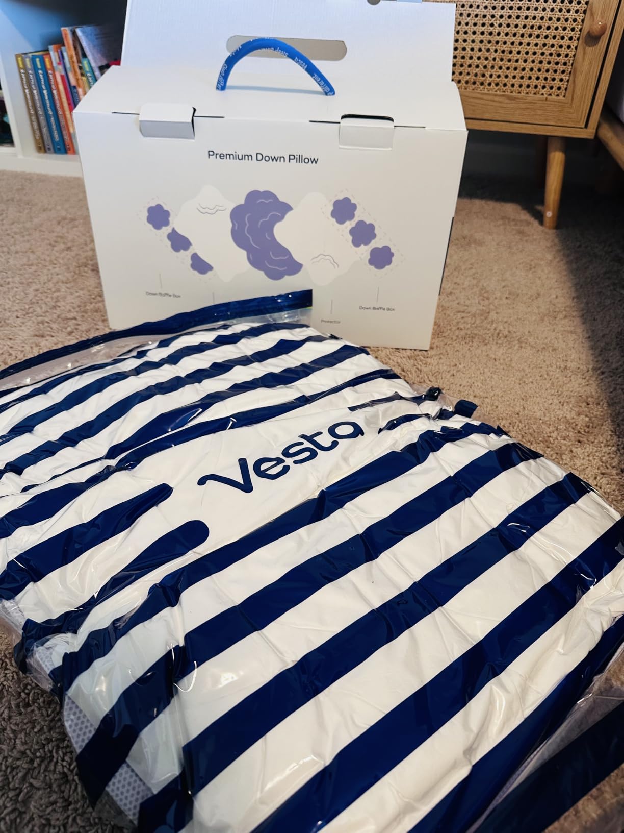 Vesta Hungarian Down Low Loft Pillow, 95% Goose Down Core, Baffle Boxe Design for Optimal Fluffiness, Ideal for Back & Stomach Sleepers, Low to Medium Profile (3.5