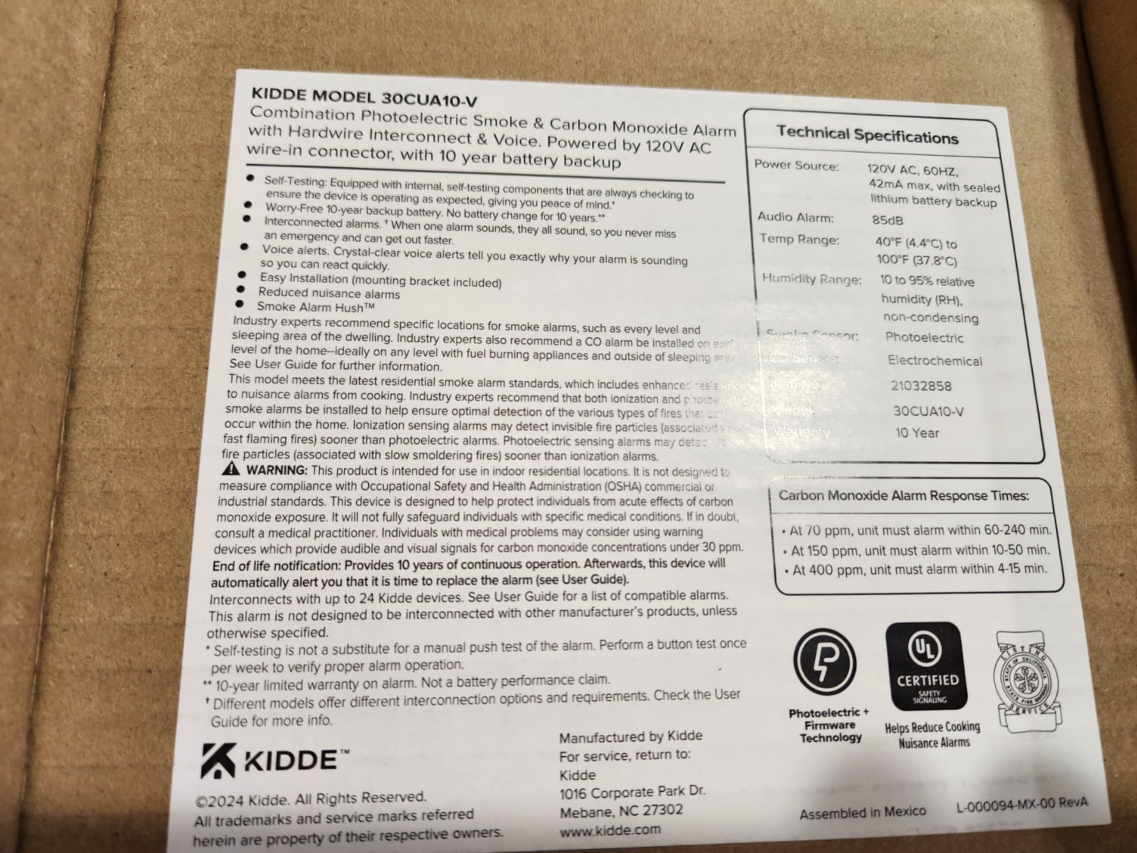Kidde Smoke and Carbon Monoxide Detector, Hardwired with 10-Year Battery Backup, Voice Alerts, LED, 85 dB, 30CUA10-V, 1 Pack customer photo 2
