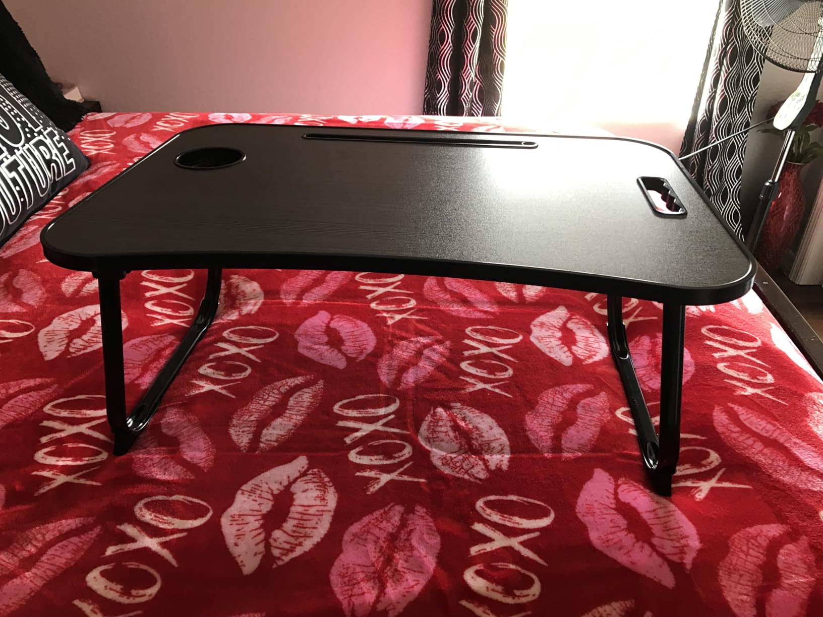 ZEAPTAC Laptop Bed Desk, Foldable Lap Desk, Portable Lap Table, Laptop Stand with Cup Holder, Tablet Slot & Lifting Handle for Work, Write, Draw & Eat on Bed, Sofa or Couch - Black Stripe customer photo 1