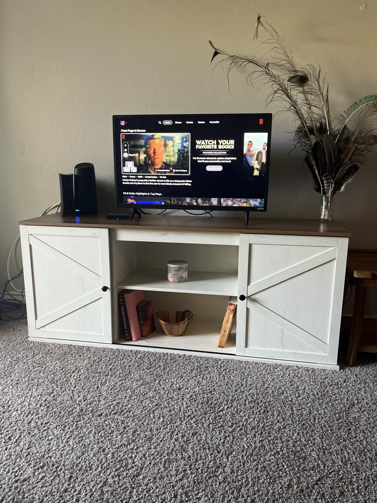 VASAGLE Farmhouse TV Stand for 80'' TV, Media Console, Sliding Barn Doors customer photo 1