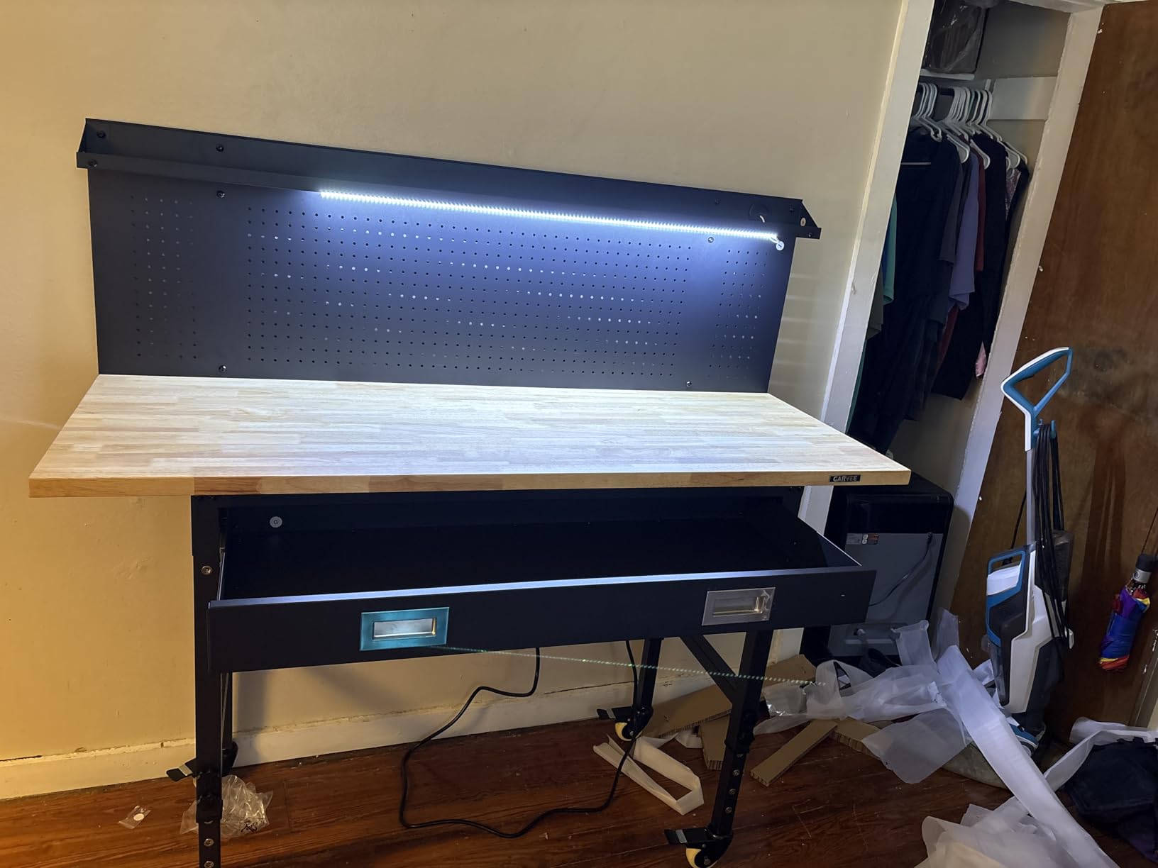 Workbench 48 x 24 Adjustable Height Worktable, Heavy Duty Rubber Wood Top, 2000 LBS Load Capacity, Tool Storage Workstation with Drawer, Pegboard, Power Outlets & Lockable Wheels customer photo 1