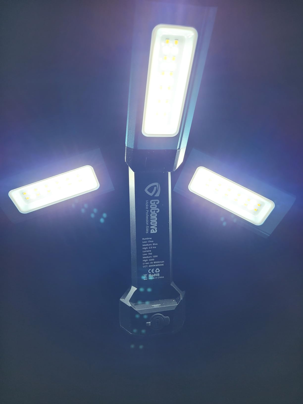 gogonova 2026 Rechargeable Work Light with Stand, 4 in 1 Cordless Camping Light, 700/1200/2200 Lumens, 4000/6500K Dimmable LED Work Lamp with Detachable Tripod(Grey) customer photo 1