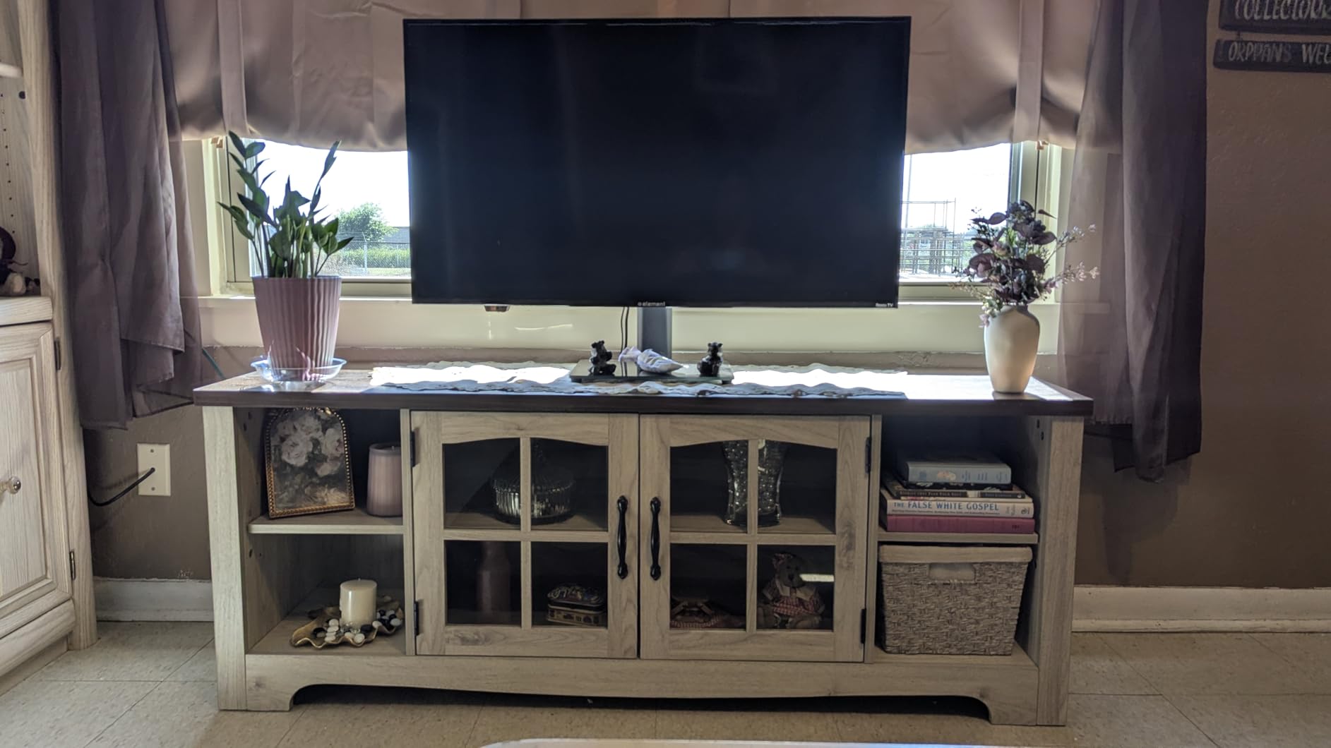 LINSY HOME TV Stand for 75 Inch TV, Modern Farmhouse Entertainment Center with Storage Cabinets and Glass Doors, Tall Media Console Table for Living Room, Bedroom, Large Long Television Stand, Brown customer photo 1