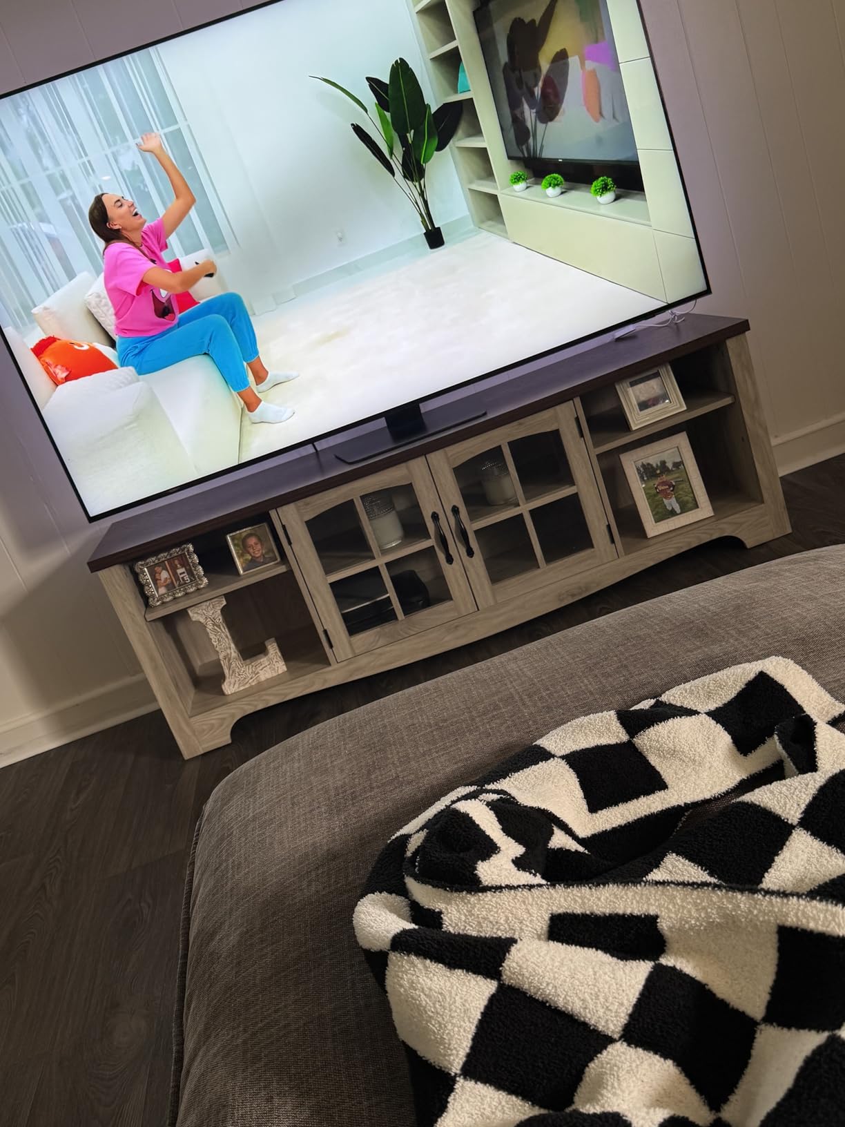 LINSY HOME TV Stand for 75 Inch TV, Modern Farmhouse Entertainment Center with Storage Cabinets and Glass Doors, Tall Media Console Table for Living Room, Bedroom, Large Long Television Stand, Brown customer photo 2