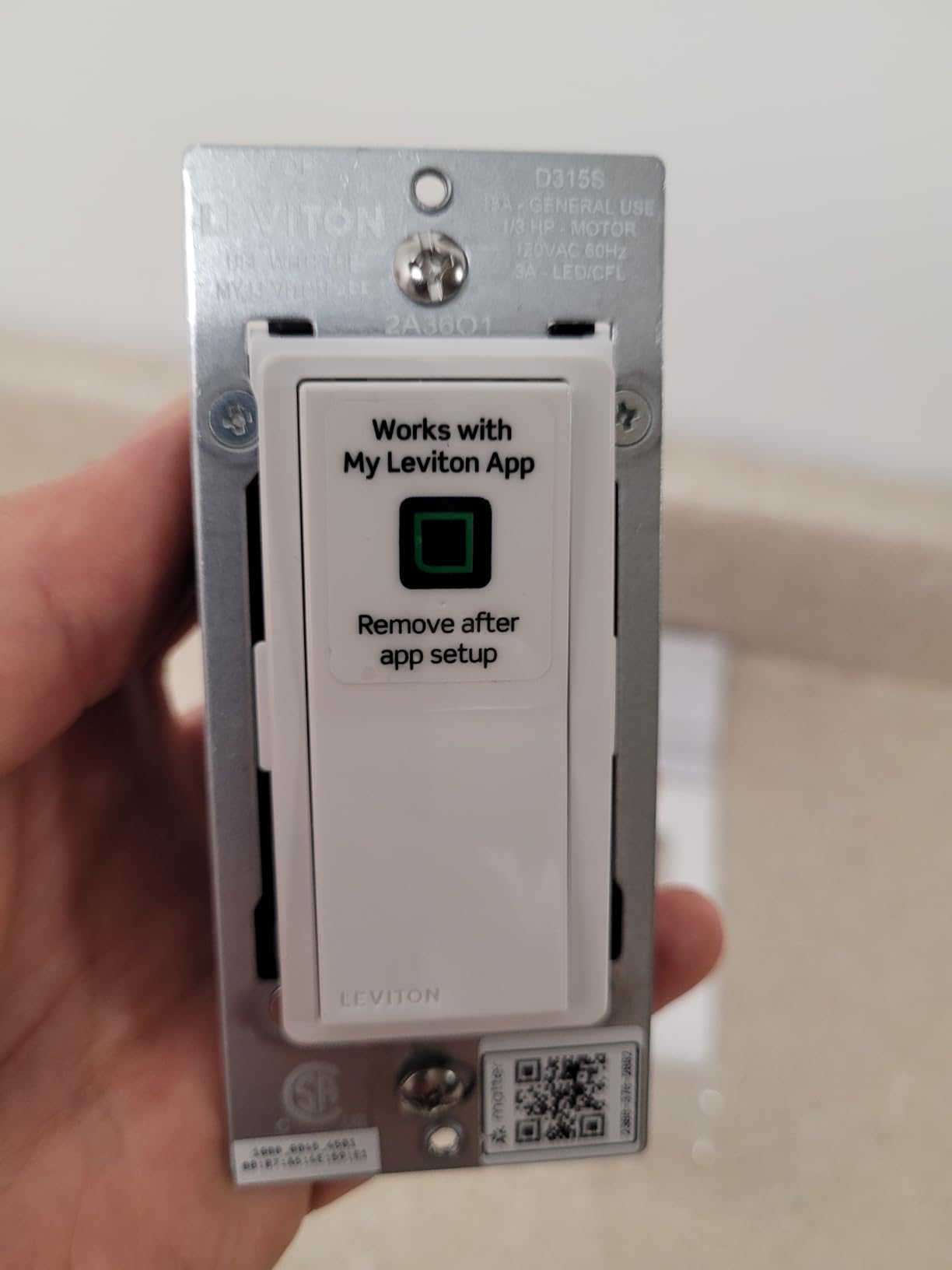 Leviton Decora Smart Switch, Wi-Fi, D315S-1RW, White customer photo 1