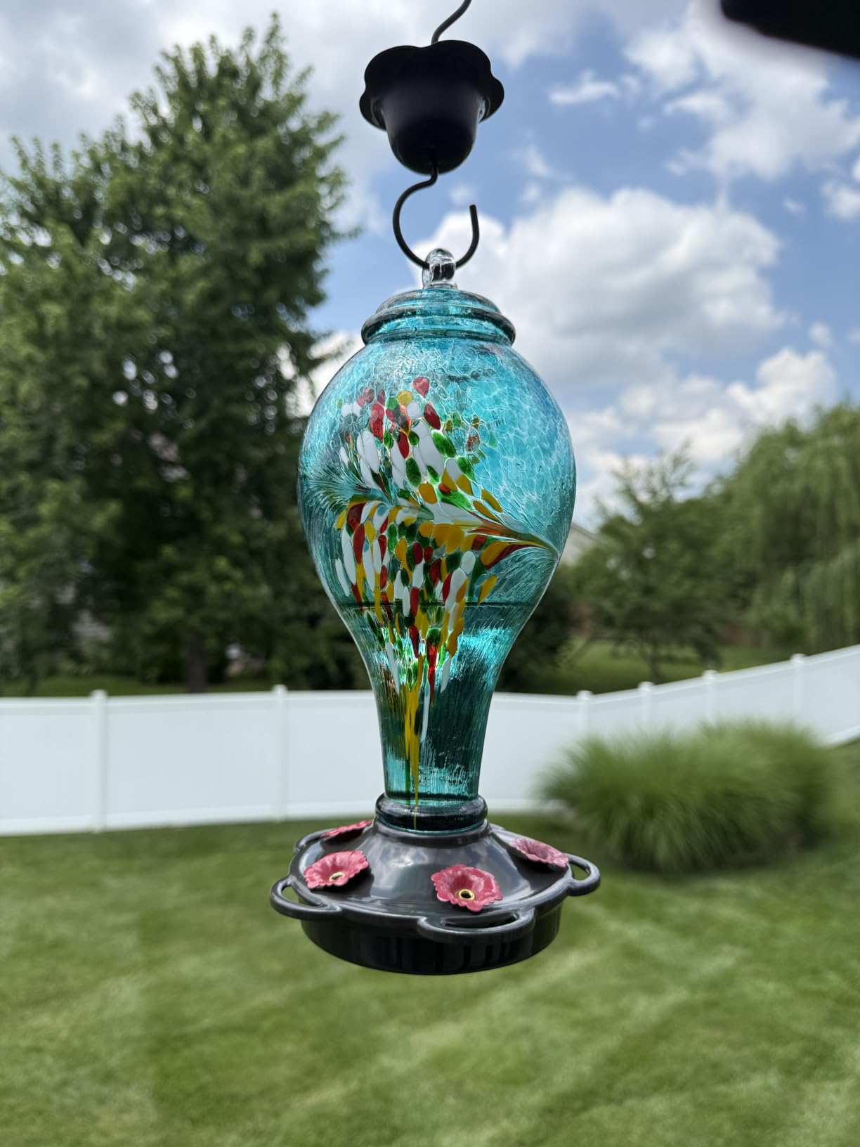 LUJII Smart Hummingbird Feeder with Camera for Outdoor Hanging, Hand Blown Glass, Solar WiFi Feeder with Live View App, 6 Feeding Ports, Leak-Resistant Design, Ant Moat & Gift Box, 36 fl oz, Teal customer photo 1