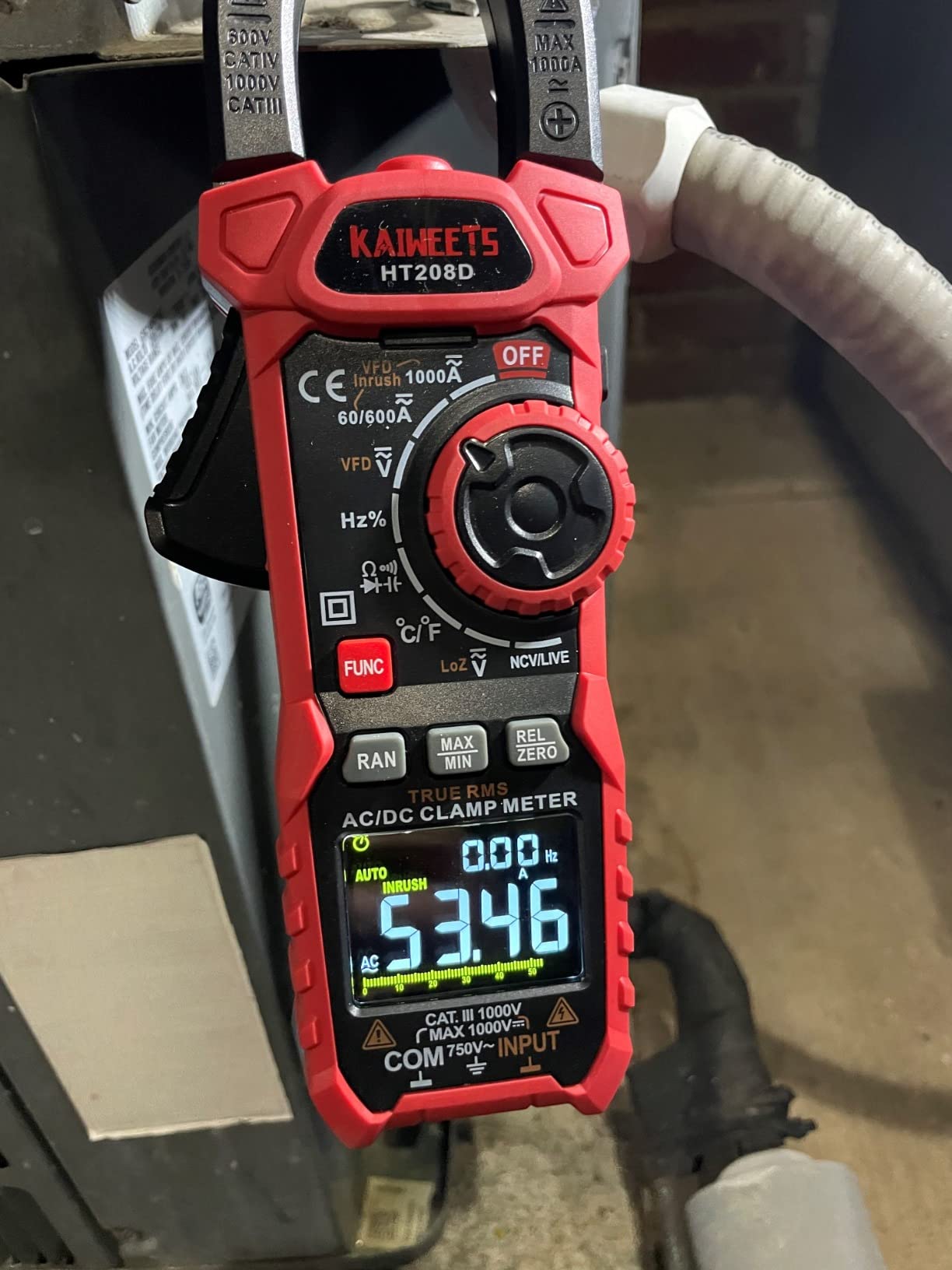 KAIWEETS HT208D Inrush Clamp Meter 1000A True RMS AC/DC Current Amp Meter, VFD, LOZ Mode, 6000 Counts, Measures Current Voltage Temperature Capacitance Resistance Diodes Continuity Duty-Cycle customer photo 1