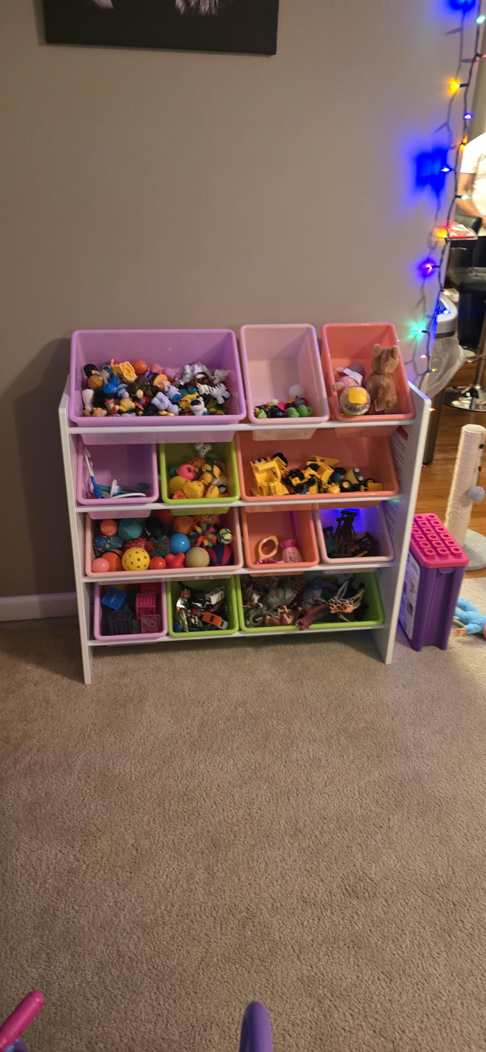 Amazon Basics Kids Toy Storage Organizer With 12 Plastic Bins, Natural Wood, Multicolor, for Bedroom and Playroom, 33.85