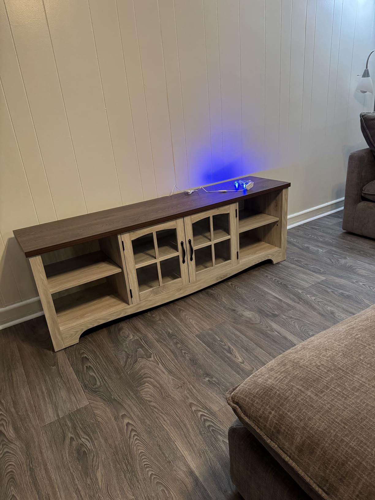 LINSY Home Farmhouse TV Stand for 65 Inch TV, Wood Entertainment Center with Glass Door Storage Cabinet & Adjustable Shelves, Large Sturdy Console Table for Living Room & Bedroom customer photo 2