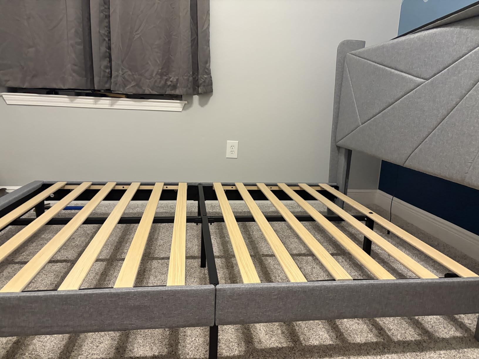Feonase Queen Size Bed Frame with Charging Station, Linen Upholstered Platform Bed Frame with Wingback Storage Headboard, Solid Wood Slats Support, No Box Spring Needed, Noise Free, Black customer photo 1