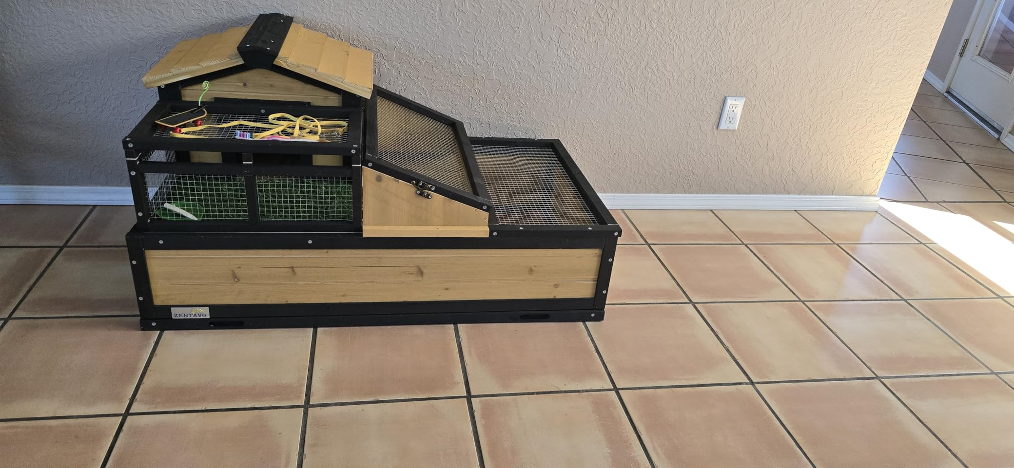 3-Room Large Tortoise Habitat with Pull-Out Tray, Wooden Tortoise Enclosure Indoor & Outdoor with Ramp, Grass Mat, Openable Roof, Luxurious Reptile Enclosure for Small Animals, Yellow customer photo 2