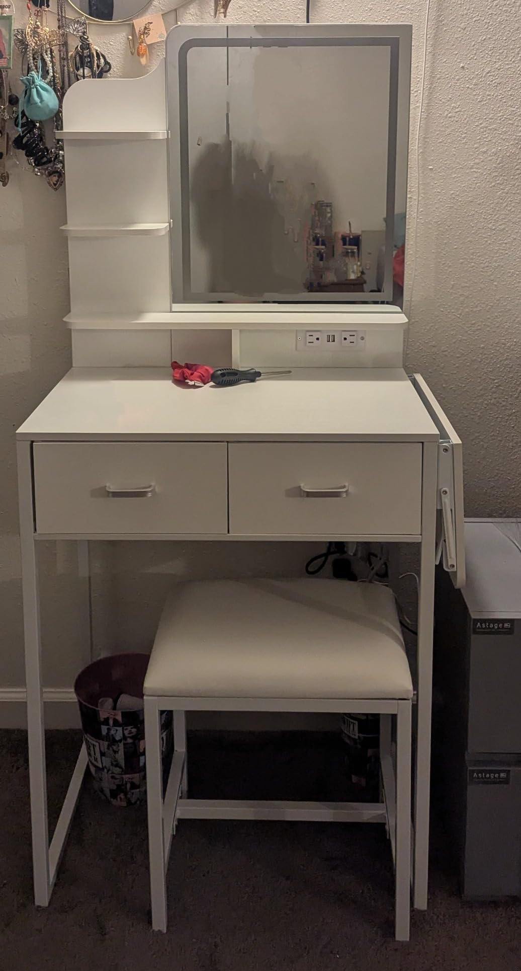 ALEXNUTRE Makeup Vanity Desk with Mirror and Lights, Small Vanity with Fabric Storage Drawer & Chair & Shelves, Vanity with Fold-up Panel and Power Outlet for Bedroom customer photo 1