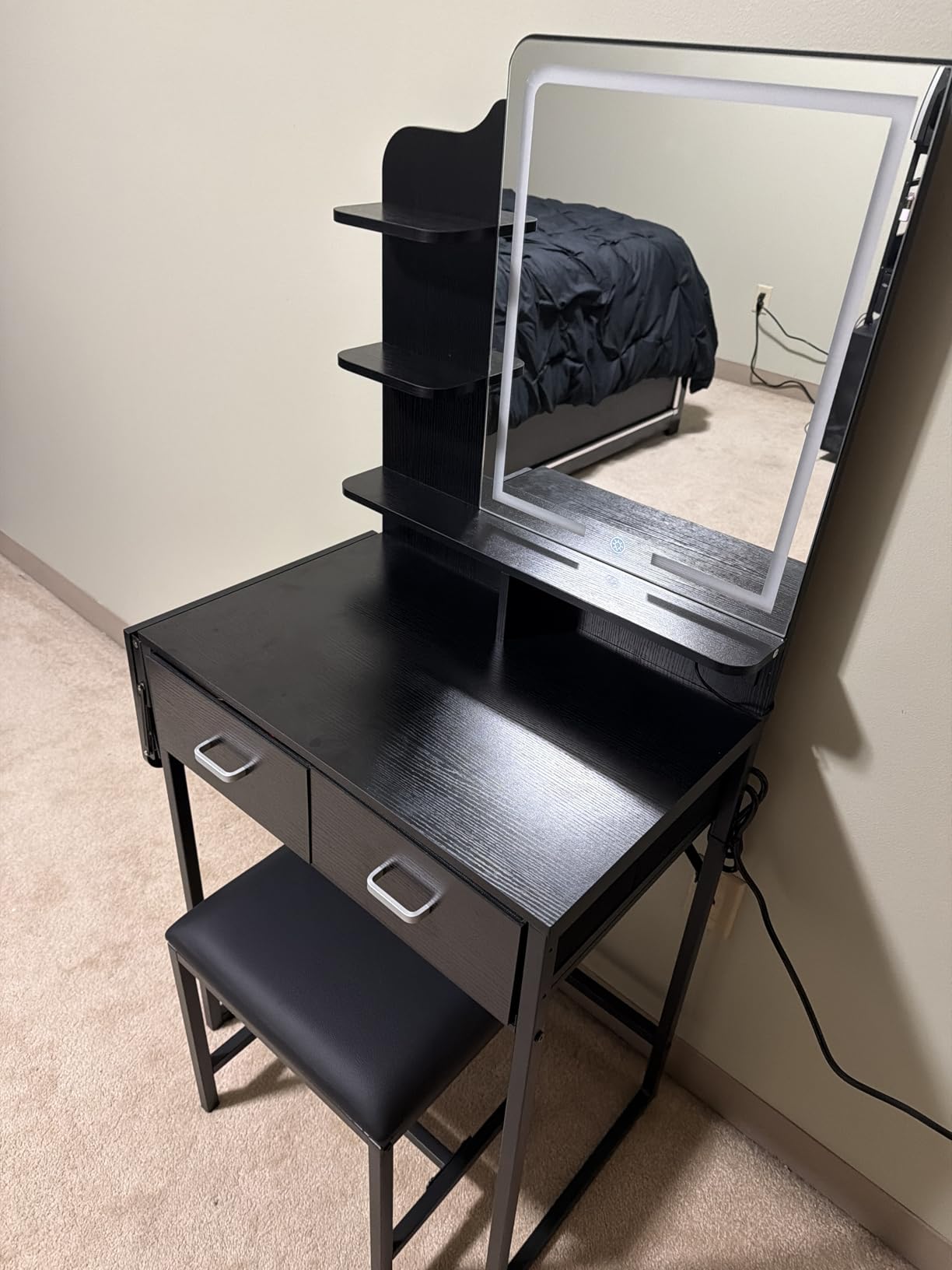 ALEXNUTRE Makeup Vanity Desk with Mirror and Lights, Small Vanity with Fabric Storage Drawer & Chair & Shelves, Vanity with Fold-up Panel and Power Outlet for Bedroom customer photo 2