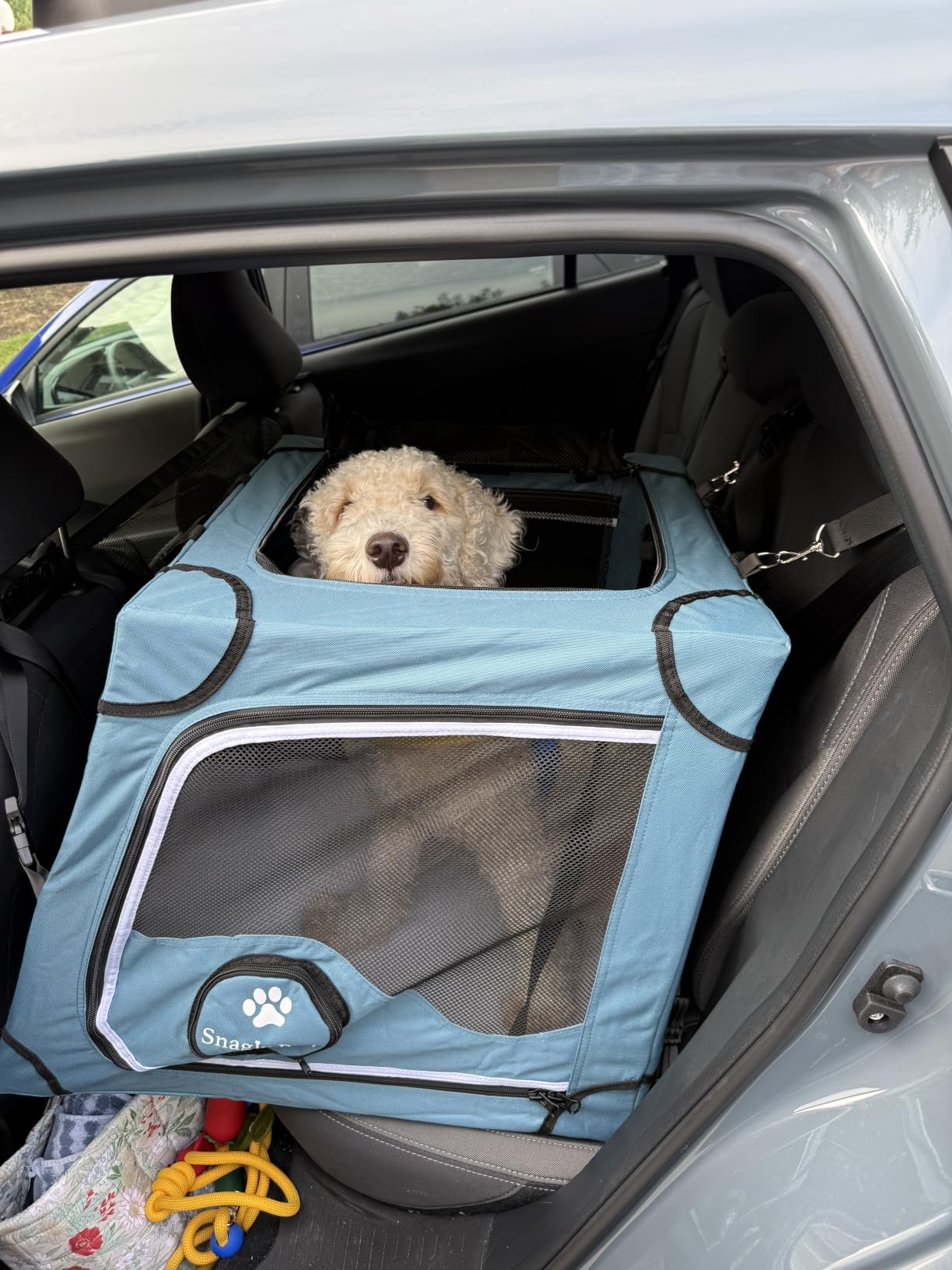 Snagle Paw Portable Dog Crate for Car Travel,Metal Frame Pet Crate,Pet Carrier for Car Back Seat Secures with Headrest Strap and Seatbelt,L customer photo 1