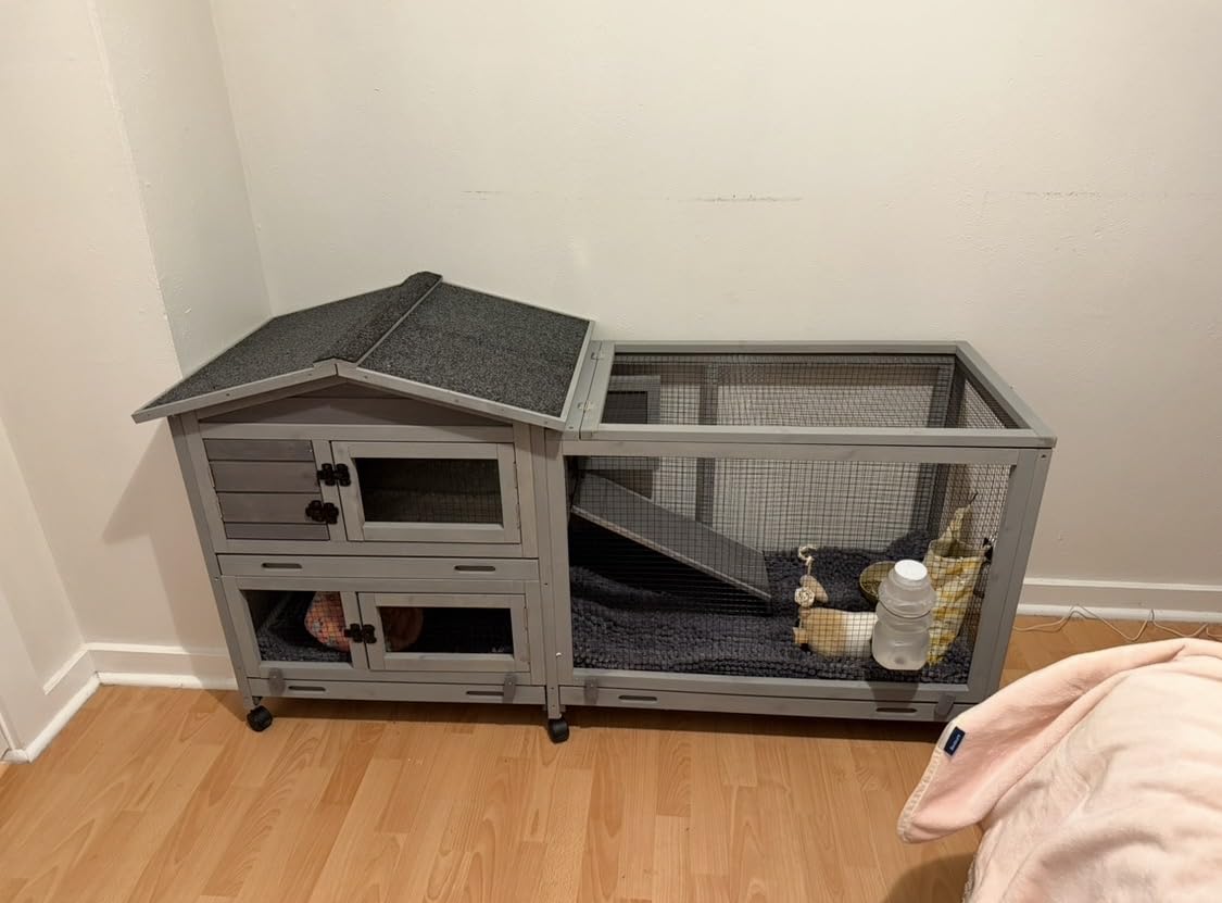GUTINNEEN 2-Story Rabbit Hutch for 1-2 Bunnies - Indoor Outdoor Wooden Guinea Pig Cages with 4 Wheels, 2 Pull-Out Trays, 5 Doors & Waterproof Asphalt Roof, Brown customer photo 2